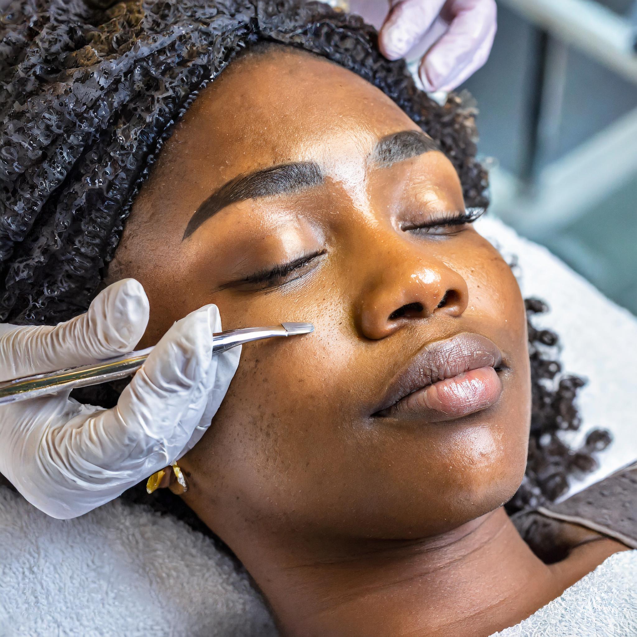Dermaplaning treatment on a woman's face. Scalpel is being used on her cheek area, her eyes are closed and she looks relaxed.
