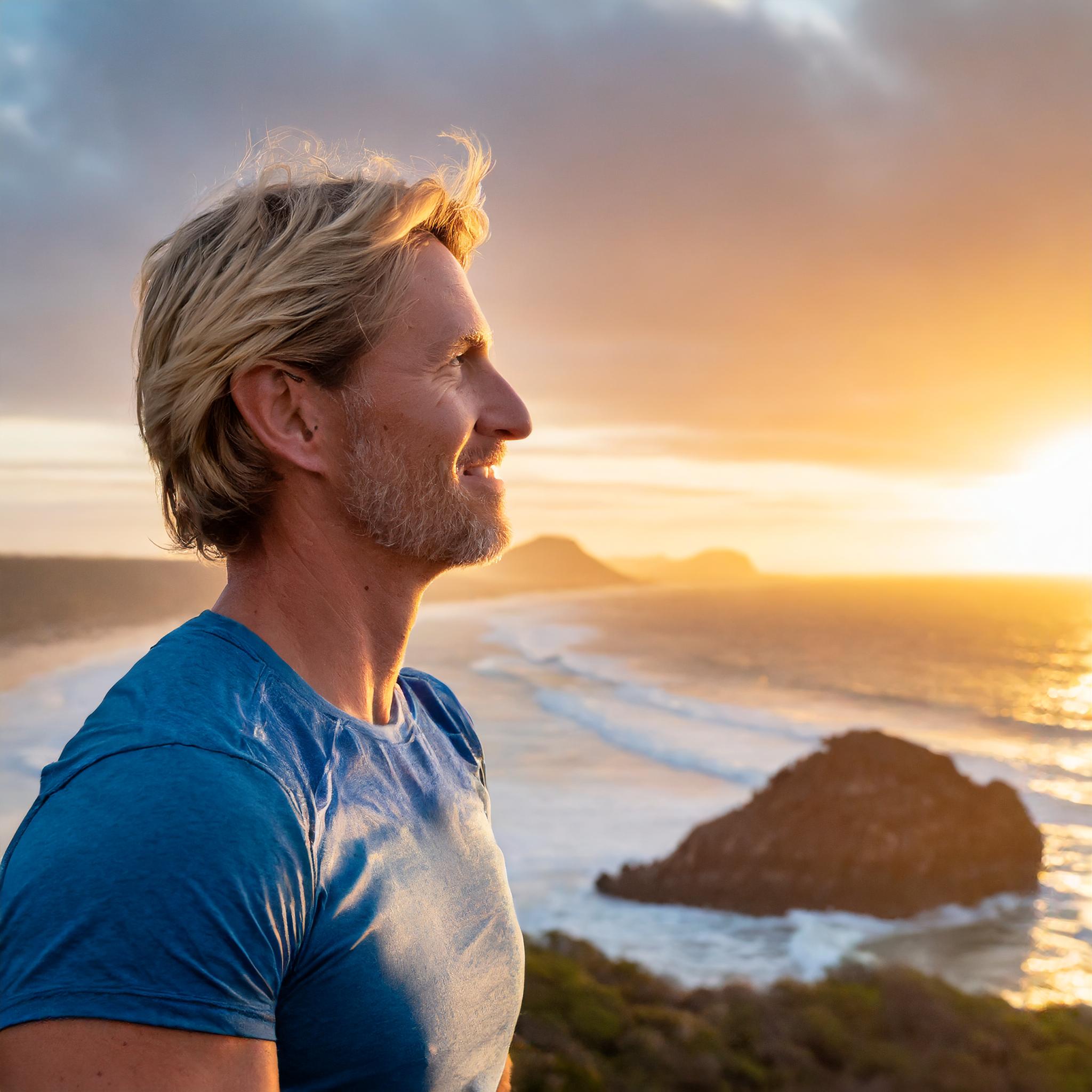 Middle-aged man with short blond hair and stubble, in great physical shape, looking over the ocean during sunset