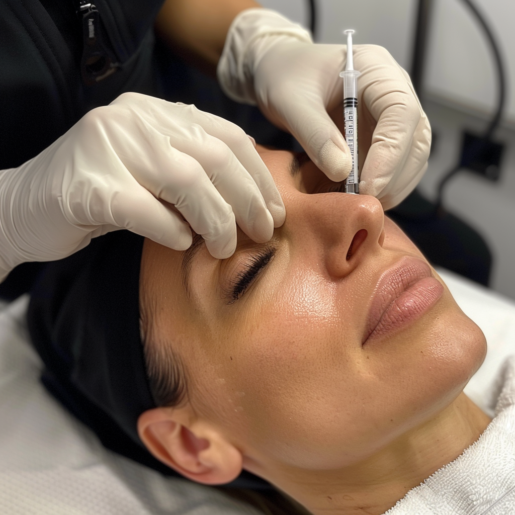 A woman's face, eyes closed. Her face is relaxed, she is lying down as a dermal filler is being injected into her cheekbone. The hands holding the needle are gloved and visible. This is a depiction of face contouring.