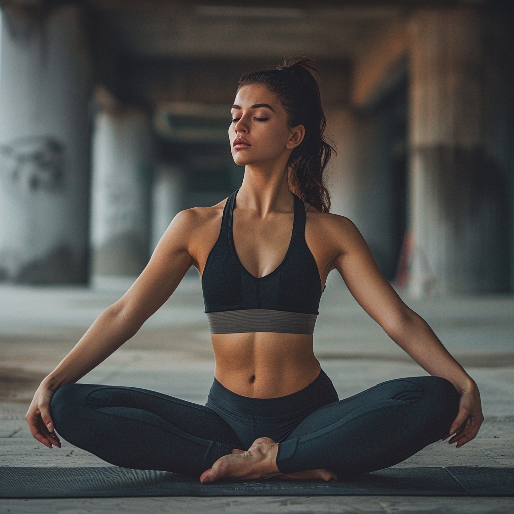 A fit woman (wearing fitness clothes) sitting cross-legged while meditating. She is calm, as her metabolism is on-point.